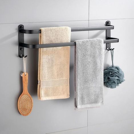 Porte-serviettes mural en aluminium, sans perçage, à 2 niveaux avec crochets, 40 cm, étanche et antirouille, pour salle de bain/cuisine/porte-chaussures.