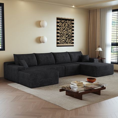Divano angolare a 4 posti con pouf removibile in velluto a coste, comprimibile, non richiede montaggio, stile moderno, 340x175x83 cm, nero (1/5)