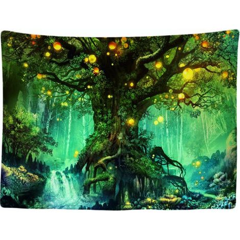 - Arbre elfique féerique, forêt magique, nature - Tapisserie murale - 200 x 150 cm - Grande tapisserie - Poster pour chambre d'enfant - Décoration suspendue en bois - Décoration printanière d'intérieu (1/5)