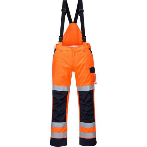 Pantalón Modaflame Rain Multi Norma Arc con peto, alta visibilidad MV71 M Naranja flúor / Azul marino