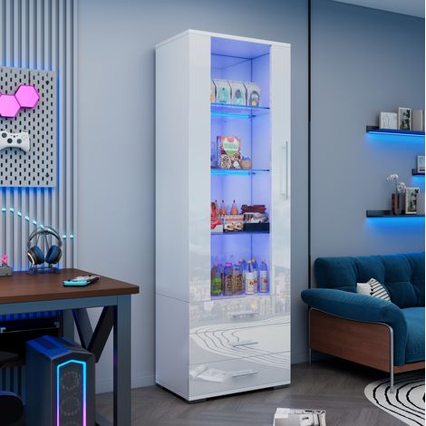 Weiße Hochglanzvitrine, Vitrine Glasvitrine , Standvitrine mit LED-Beleuchtung, Vertikale Vitrine mit 3 Schubladen, 6035180cm (1/5)