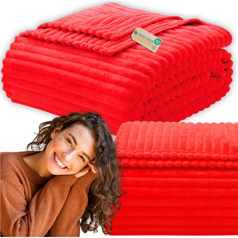 Manta roja de 200x220cm con rayas en relieve, funda de cama grande y elegante, protección more&deco (1/5)