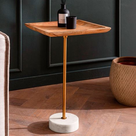 Table d'appoint carrée en manguier, marbre blanc et métal doré (1/5)