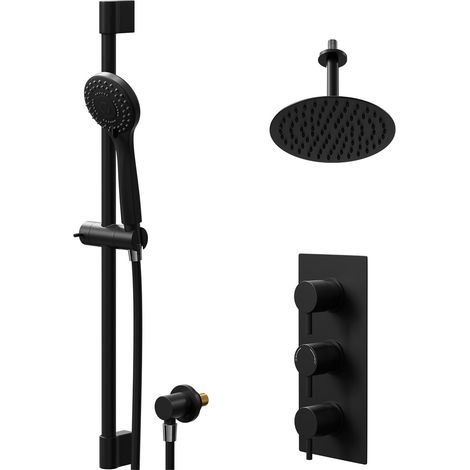 Colore Round Matt Black Concealed Triple Thermostatic Shower Valve and 200mm Thin Round Fixed Head with 150mm Ceiling Arm and Round Slide Rail Kit with Round Elbow - 2 Outlet (1/5)