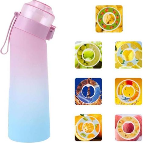 Bouteille d'arôme d'air 650 ml, 7 saveurs différentes, bouteille de sport parfumée, sans BPA, 0 sucre, avec paille et brosse de nettoyage (poudre ombrée) (1/5)