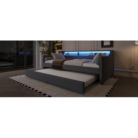 Daybett, Schlafsofa, Tagesbett mit Lattenrost (ohne Matratze), Ambientelicht mit Fernbedienung, Bett mit zwei Schubladen, USB-Ladebuchse, Linen