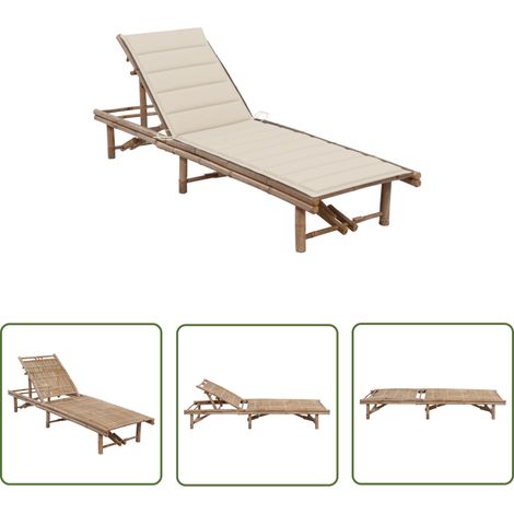 The Living Store Chaise longue de jardin avec coussin Bambou - Chaises Longues - Chaises Longues En Bambou - Mobilier De Jardin - Transats - Bain De Soleil (1/5)
