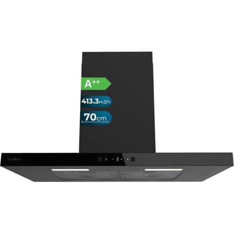 Cecotec campana extractora en forma de t bolero flux tt 704400 black a++ de 70cm, con 413,3m³/h de succión, clase a++, control táctil invisible, acabado en negro y frontal cristal negro, motor dc. (1/5)