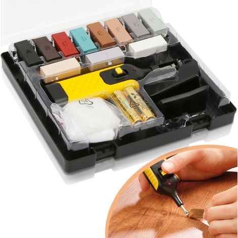 Reparaturset für Laminat und Holz – 11 Farben, Batterien und Zubehör im Lieferumfang enthalten (1/5)