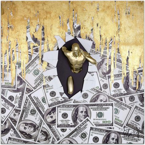 Cuadro Dollars Breaking Gold con efecto 3D realizado con técnica de collage 80 x 80 x 20cm - SpazioLuzio