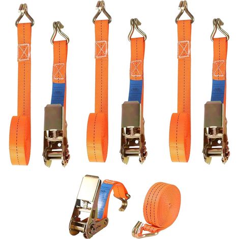 Sangle a Cliquet, 4 Pièces Sangles d'arrimage à Cliquet Sangle Longueur 6 m,Largueur 25 mm, Sangles de Serrage avec Tendeur à Cliquet pour Remorque, Moto, Voiture, Quad, Camion (Orange) (1/5)