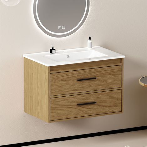 Meuble de Salle de Bain - 75cm - Meuble Sous-Vasque avec 2 Grands Tiroirs de Rangement et Finition MDF - Chêne Clair (1/5)
