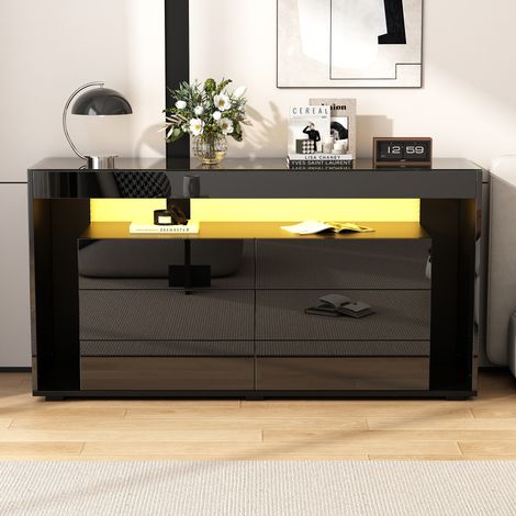 URBAN MEUBLE Buffet noir laqué luxe 6 tiroirs avec éclairage LED 140x40x70cm