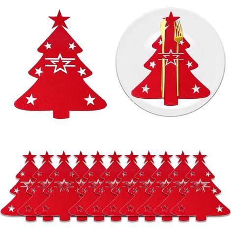 Juego de 12 porta cubiertos navideños de fieltro, decoración de mesa navideña, bolsa para cubiertos, porta cubiertos, porta cubiertos navideño, cuchillos, tenedores, cucharas, soporte decorativo (1/5)