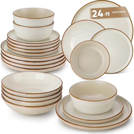 RENO Assittes Service de Table Service vaisselle Assiettes Plates Dessert Creuses Bols Adapté au Micro-Ondes Émail Beige Mat (1/5)