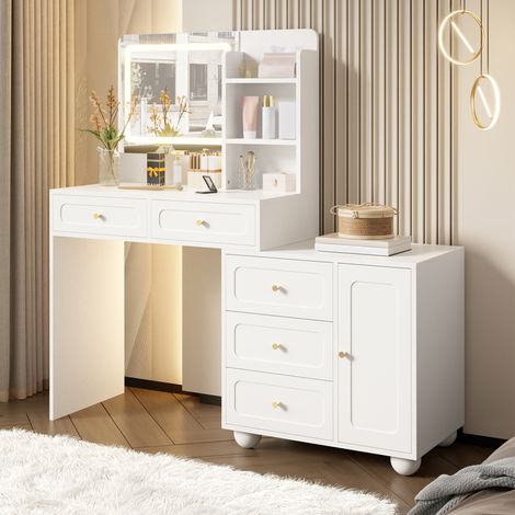 Tocador de madera técnica y bambú blanco, con espejo LED, 5 cajones y 1 puerta (1/5)