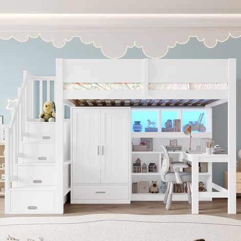 Multifunktionales Hochbett 90x200cm mit Schreibtisch, Kleiderschrank, Leiter, Stauraum, LED-Beleuchtung, MDF, Kiefernsperrholz, weiß (Matratze nicht enthalten) (1/5)