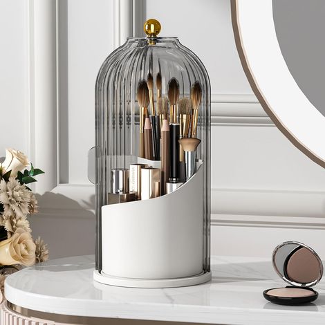 Porte-pinceaux de maquillage avec couvercle, pivotant à 360°, transparent et anti-poussière, pour coiffeuse ou plan de travail de salle de bain, gris. (1/5)