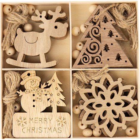 Pendentif Bois Noel - 20 Pièces Décoration Arbre de Noël Motifs Bonhomme de Neige Flocon Renne - Étiquettes Cadeaux en Bois Naturel (1/5)