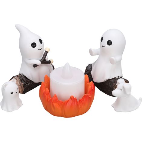 Veilleuse fantôme de feu de camp scintillante, Figurine de chien et de chat, Statues mignonnes en résine pour décoration d'étagère de table, ornements (1/5)