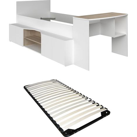 Lit combiné 90 x 190/200 cm avec bureau et rangements - Blanc et naturel + Sommier - JOCHIANE (1/5)