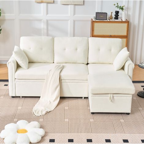 Sofá esquinero 206/130/85 cm en chenilla beige con cama, arcón de almacenaje y chaise longue reversible (1/5)