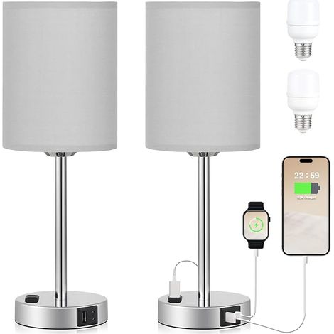 Touch Lampes pour chambres à coucher Set de 2 gris - 3 voies Dimmable lampe de chevet avec ports et prises USB C et A, lampe de table de chevet moderne avec abat-jour en lin et base argentée, petites (1/5)