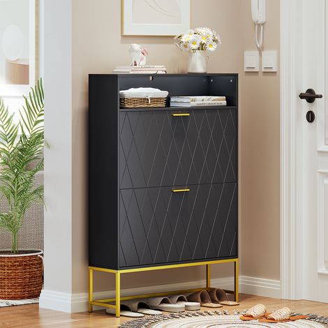 Scarpiera basculante con motivo a rombi, scarpiera con 3 scomparti, grande capacità per corridoio, ingresso, 80x24x117 cm, nero (1/5)