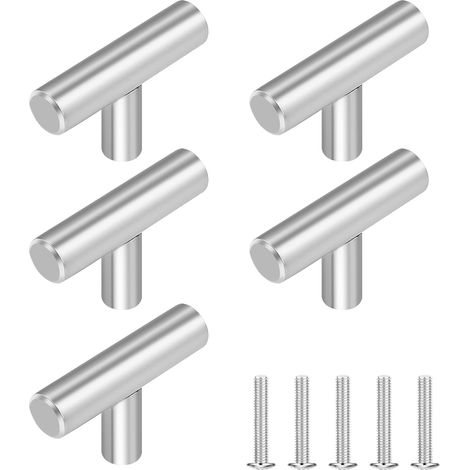 Boutons de meuble en acier inoxydable, boutons de tiroir et de placard de cuisine à trou unique – Finition laiton brossé – Pour cuisines, commodes et salles de bain (Lot de 5, Argent)