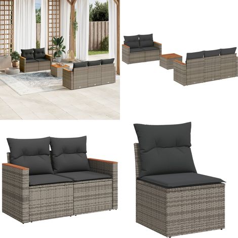 Salon de jardin 6 pcs avec coussins gris résine tressée - Ensemble Salon De Jardin - Mobilier De Jardin - Canapé Extérieur - Table De Jardin - Chaise Extérieure - Home & Living (1/5)