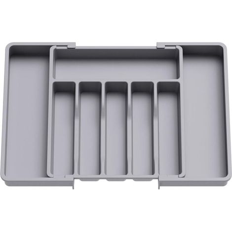Bandeja para cubiertos, bandeja extensible para cajones, organizador ajustable para cocina, almacenamiento compacto de plástico para cucharas y tenedores, color gris. (1/4)