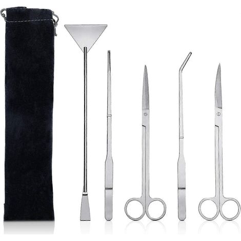 Ensemble d'outils pour aquarium en acier inoxydable 5 pièces, kit pour débutant, entretien de l'aquarium et soin des plantes (2 paires de ciseaux, 2 paires de pinces à épiler, 1 pelle) (1/5)
