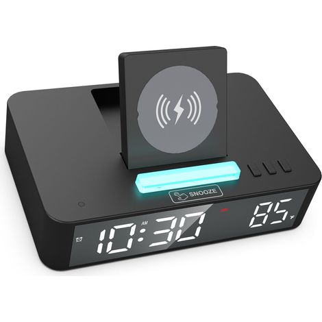 Reloj de pared digital LED multifuncional con pantalla de espejo, iluminación ambiental RGB, carga inalámbrica de 10 W, función de repetición de alarma y visualización de la temperatura – Blanco/Negro (1/5)