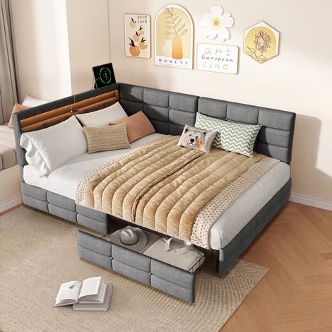 Schlafsofa 140x190 cm mit LED-Beleuchtung, USB/USB-C Anschluss, 2 Schubladen, Stauraum im Kopfteil, gepolstertes Doppelbett, Leinen, Grau (1/5)