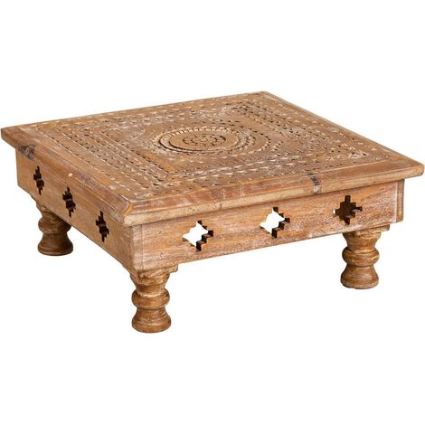 Mesa centro de madera tallada acabado artesanal 33x33x14