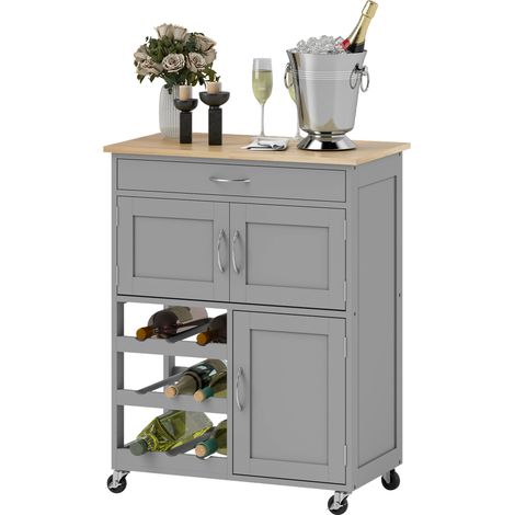Modern Kitchen Trolley, Rolling IslStorage Cart with Drawer, 9-bottle Wine Rack, Door Cabinets, Wooden Countertop, Grey (1/5)