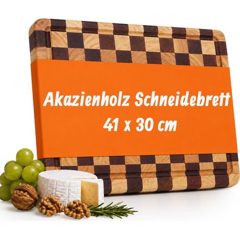 Relaxdays Schneidebrett, 41 x 30 cm, kariert, Akazienholz & Gummibaumholz, Tranchierbrett mit Saftrinne, Griffe, natur (1/5)