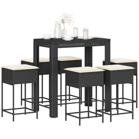 7-tlg. Gartenbar-Set mit Kissen Schwarz Poly Rattan (1/5)