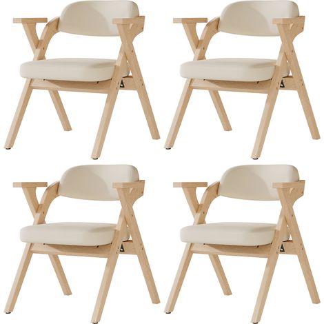 Lot de 4 chaises pliantes en bois massif avec coussins en lin beige pour salle à manger (1/5)