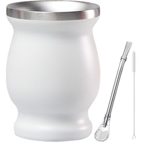 Gobelet isotherme double paroi en acier inoxydable 304 (240 ml) avec paille et goupillon, blanc (1/5)