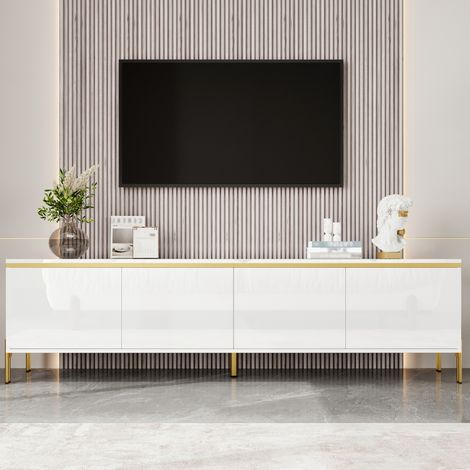 Mobile TV 170x38x50 cm bianco in truciolare con finitura lucida, 4 ante e passacavi (1/5)