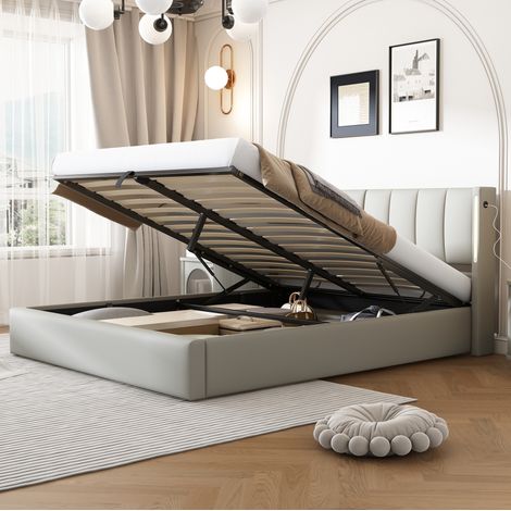 Lit rembourré 140/190 cm gris en PU avec rangement, LED, USB et tête réglable (1/5)
