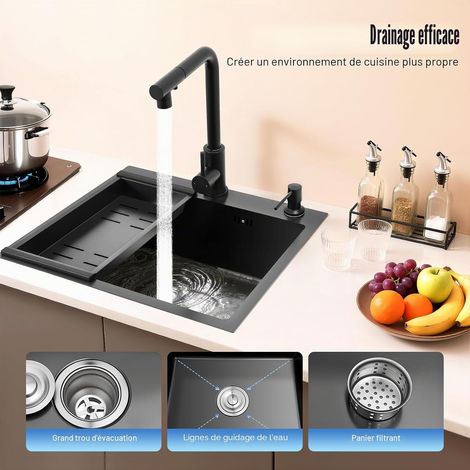 Évier Noir 50x45cm, Évier de Cuisine avec Robinet Extractible, 1 Cuvette Évier en Acier Inoxydable à Encastrer avec Égouttoir, Distributeur de Savon, Robinet Eau Chaude/Froide (1/5)