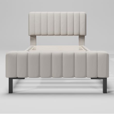Lit rembourré 90 x 200 cm avec sommier à lattes, tête de lit réglable, lin gris beige, MODENUIT (1/5)