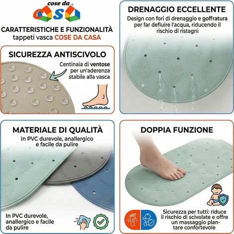 Tappeto vasca rettangolare 73x37 cm Antiscivolo con Ventose Gomma Sintetica Made in Italy Design Marino Tappetino vasca da bagno Sicurezza in Bagno disponibili i colori bianco blu beige grigio verde (1/2)