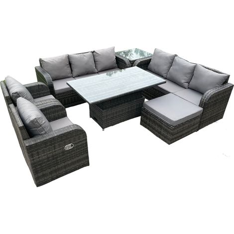 Fimous PE Rattan Outdoor Gartenmöbel Sets Höhenverstellbarer aufsteigender DiningTable Sofa Set mit Liegestuhl Beistelltisch Fußhocker Dunkelgrau gemischt (1/5)
