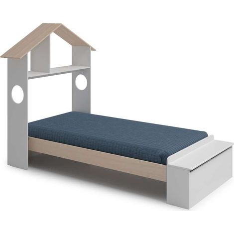 Cama juvenil tipo cabaña modelo ERIC acabado blanco/cera, 216.5cm(largo) 128.5cm(ancho) 153cm(alto). (1/5)