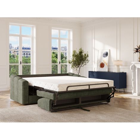 Divano letto 3 posti a ribalta Posto letto 140 cm Materasso 14 cm in Tessuto testurizzato Verde kaki DARIELO (1/4)