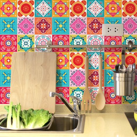 Sticker Mural Carrelage adhésif Cuisine Salle de Bain - 9 STICKERS CARREAUX DE CIMENT AZULEJOS RENATIO - 9stickers15x15cm (1/5)