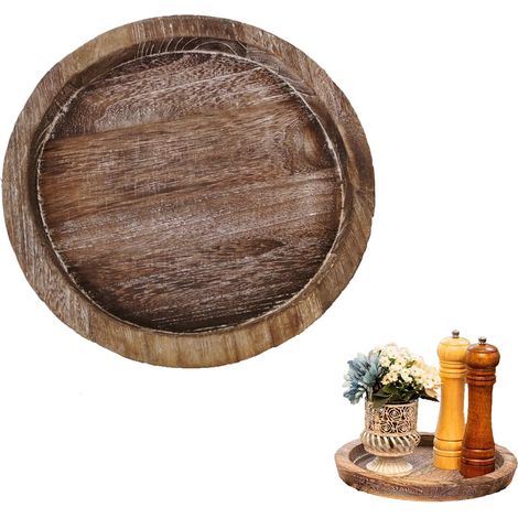 Plateau de service vintage en bois lavé - Assiette décorative ronde en bois - Diamètre : 20 cm - Pour bougies piliers, bougies chauffe-plat, décoration de table (1/5)